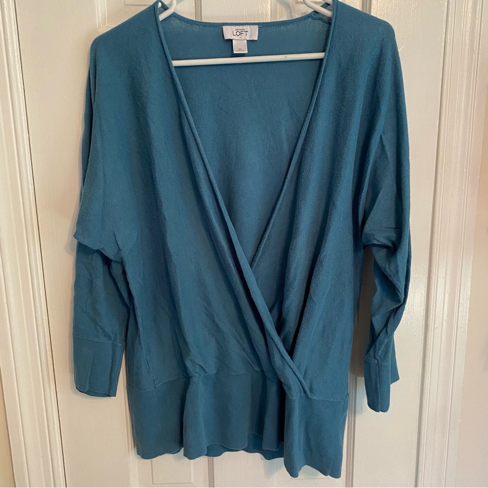 LOFT Teal Wrap-Front Lightweight Sweater